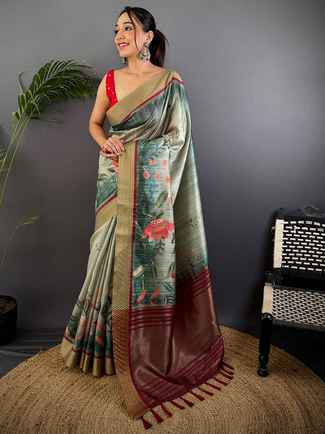 Rama Tussar Silk Digital Print Saree by My Store