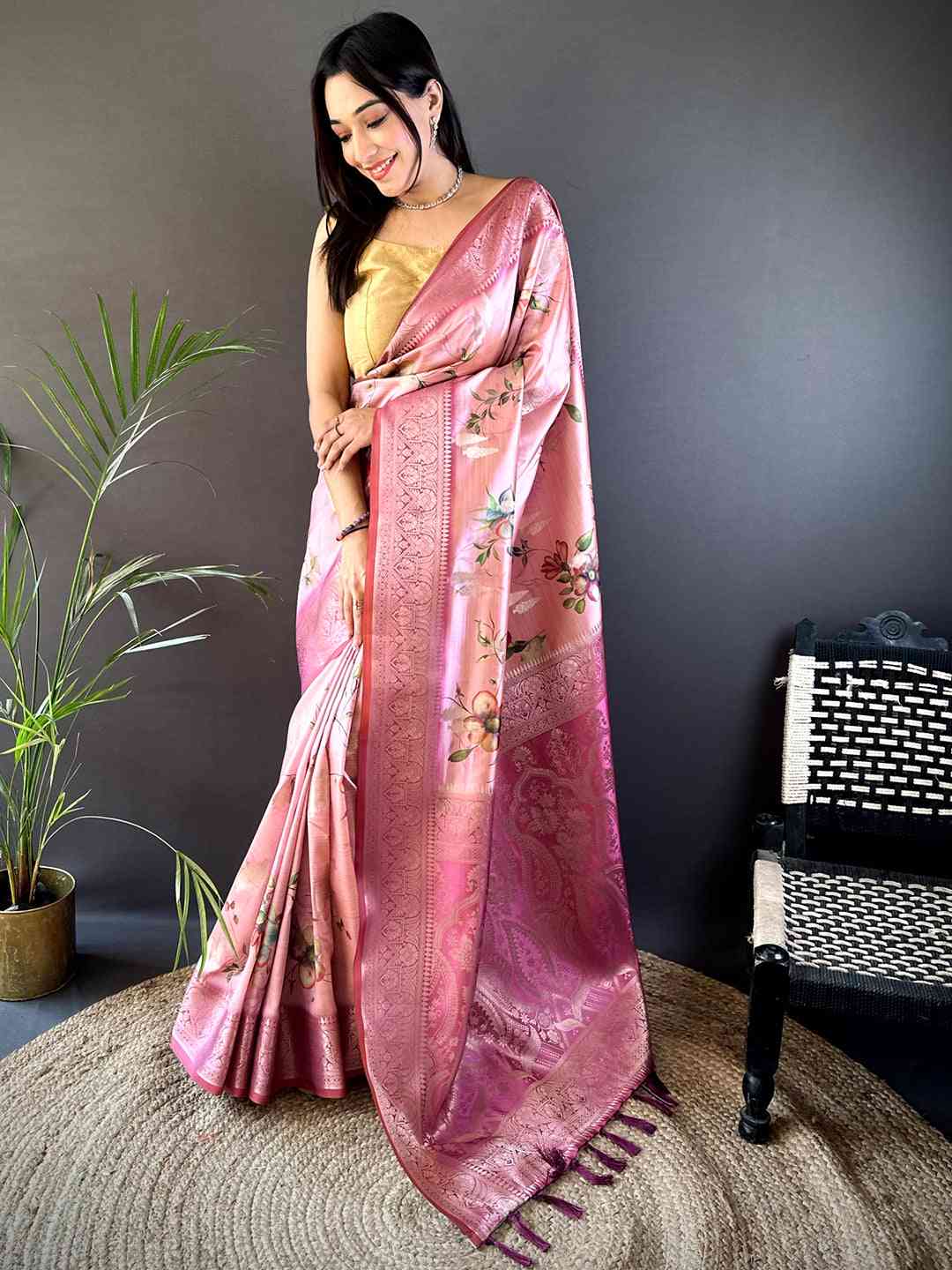 Pink Bamboo Silk Floral Saree by My Store