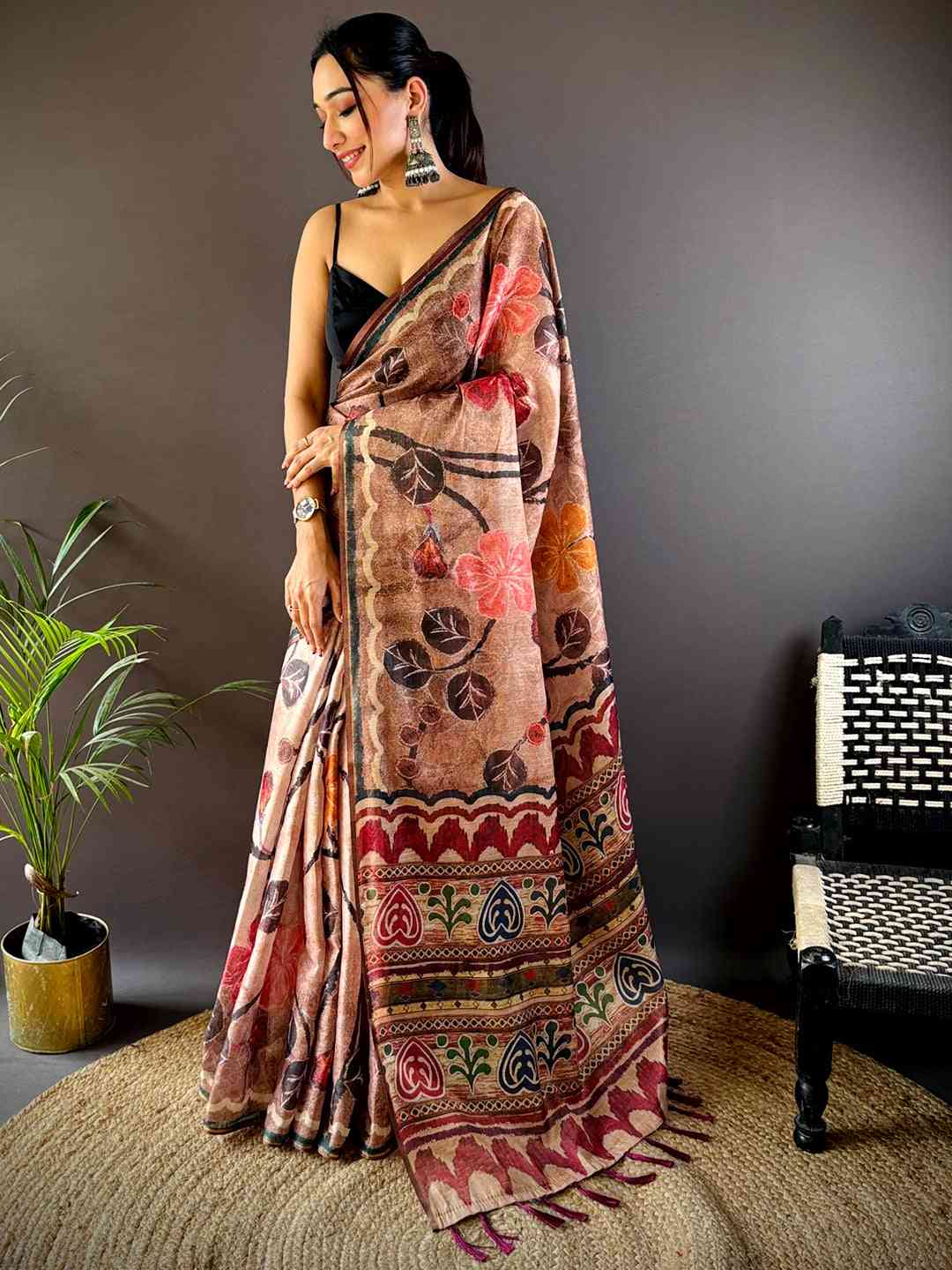 Light Brown Folklore Tissue Chanderi Saree by My Store