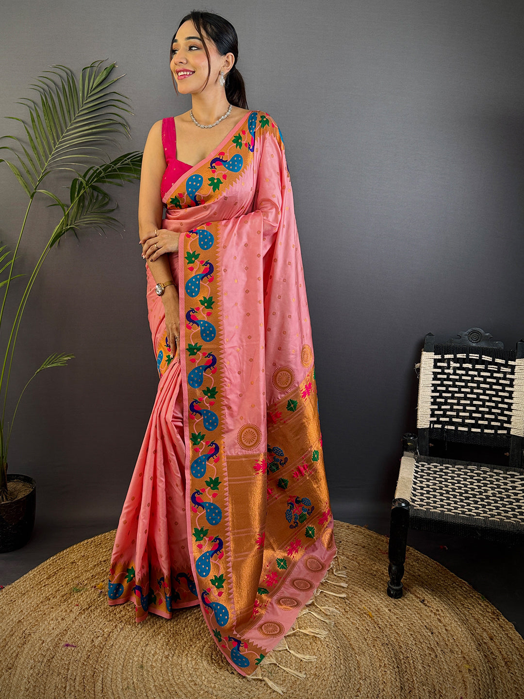 Peach Yeola Paithani Soft Silk Saree by My Store