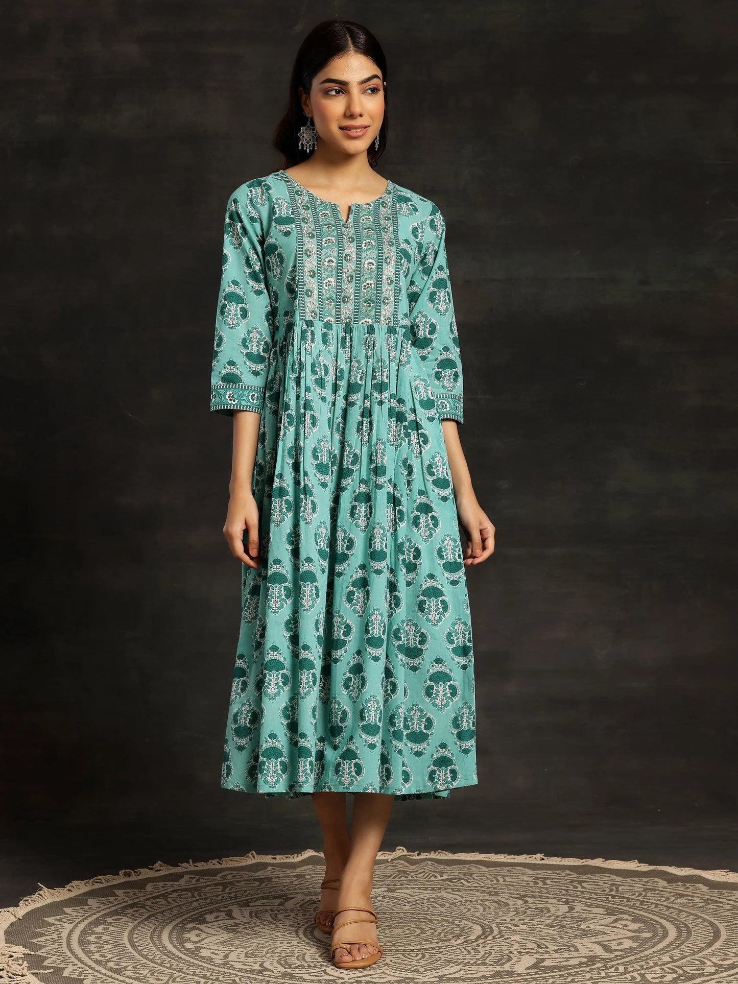 Sea Green Printed Cotton Fit and Flare Dress by My Store
