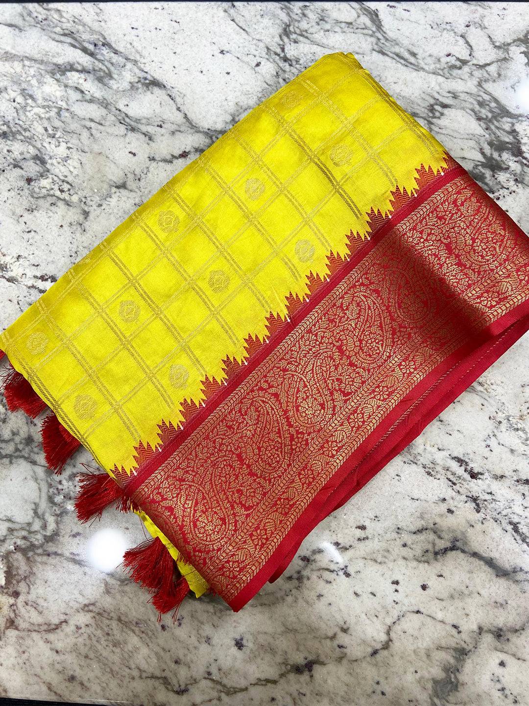 Sunshine Yellow Kovai Banarasi Silk Saree by My Store