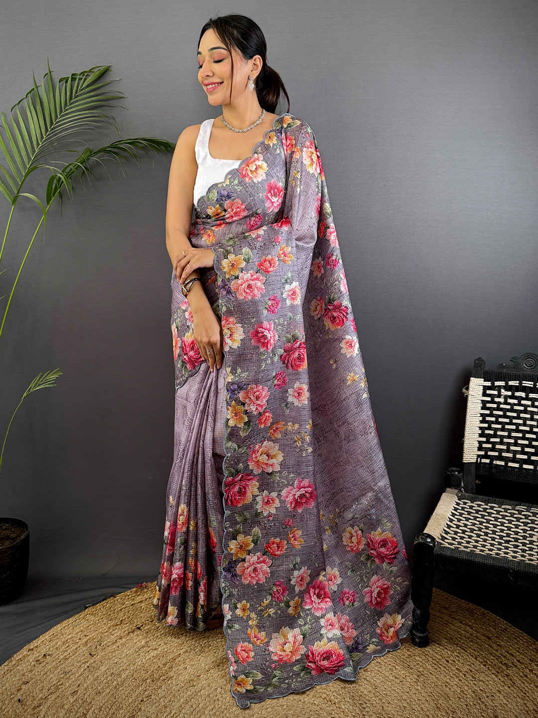 Dusty Lavender Floral Cut Work Kota Saree by My Store