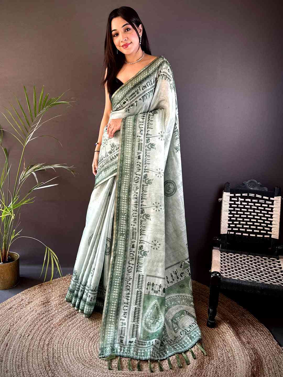 Sage Green Warli Art Tissue Chanderi Saree by My Store