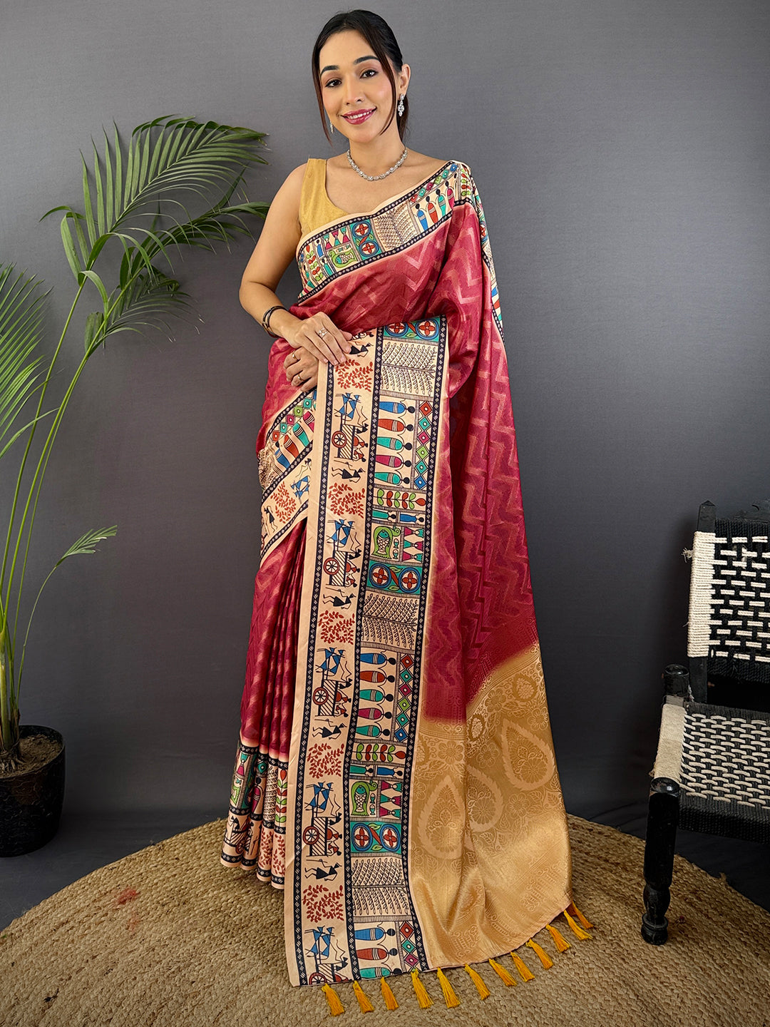 Blush Red Madhubani Print Soft Silk Saree by My Store