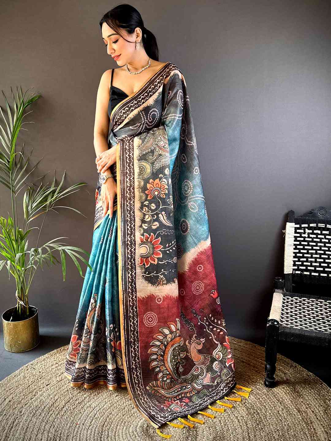 Steel Blue Kalamkari Bandhani Chanderi Saree by My Store