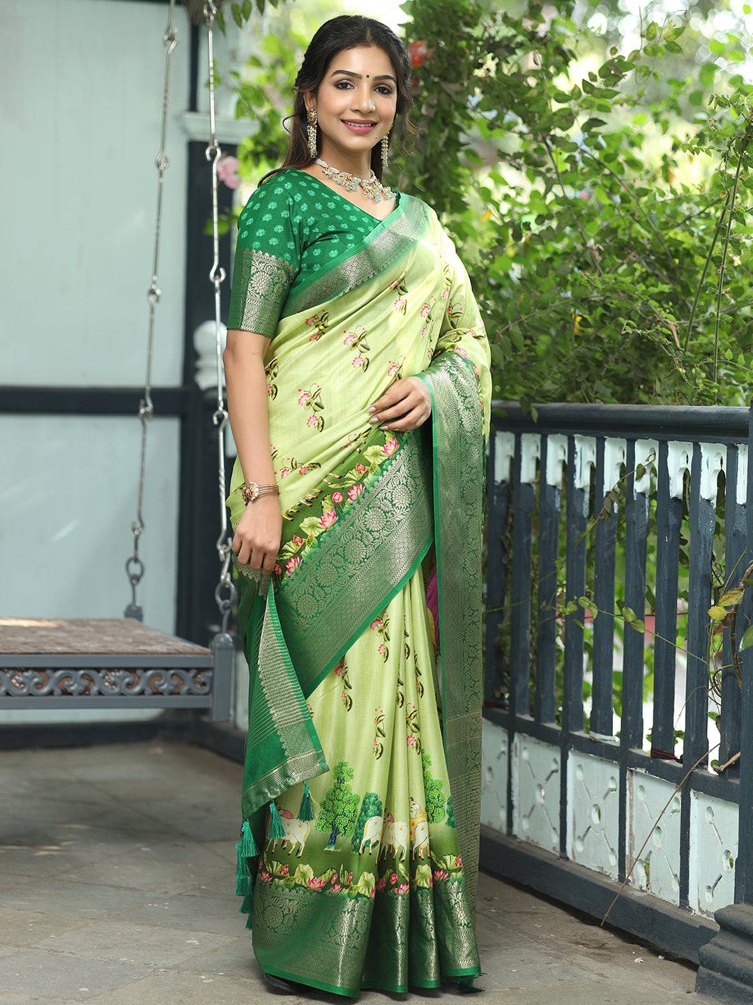 Pichwai Print Zari Weaving Pallu Saree In Light Green Colour - Luxe by My Store