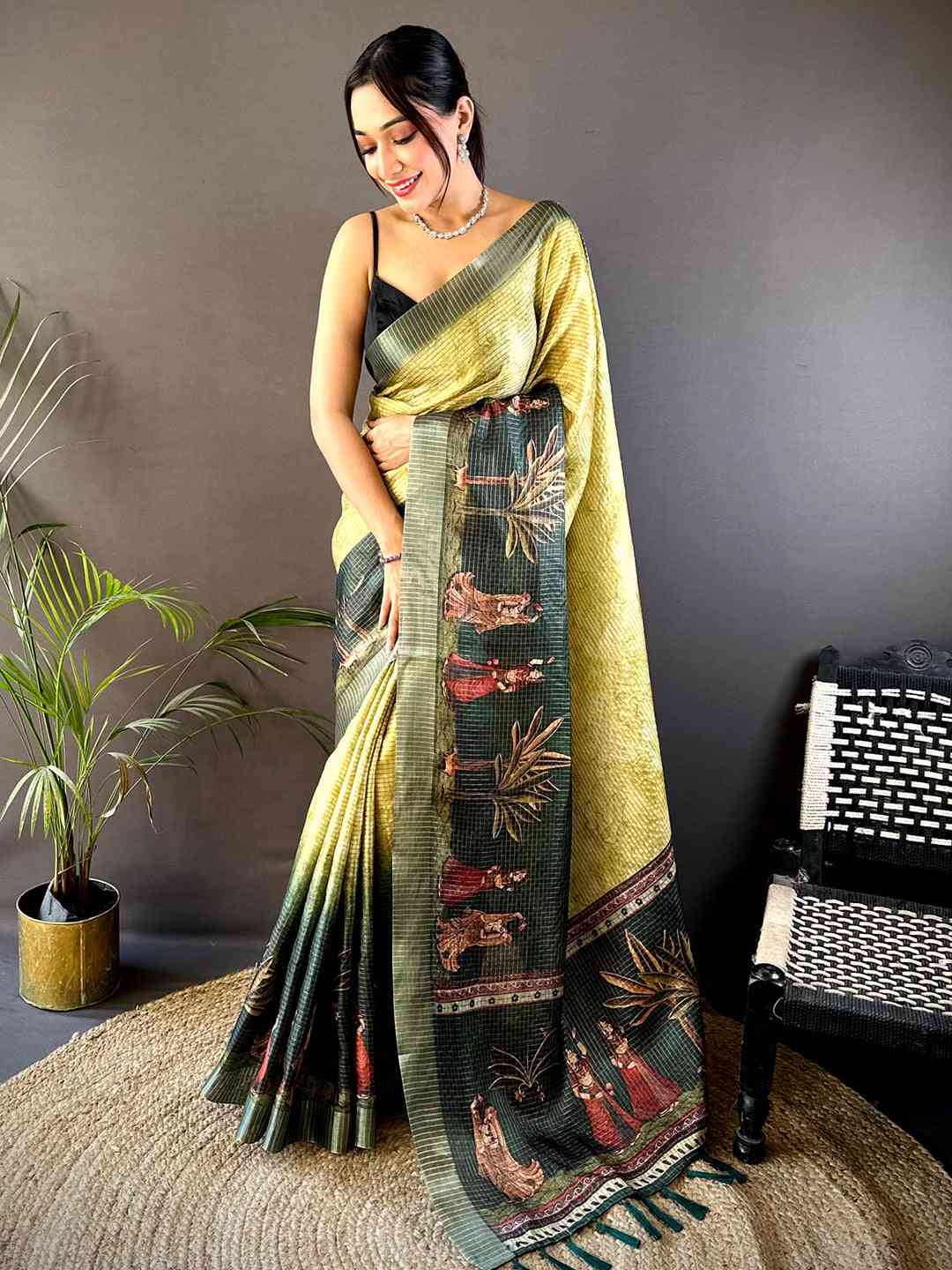 Olive Kalamkari Pichwai Black Check Saree by My Store