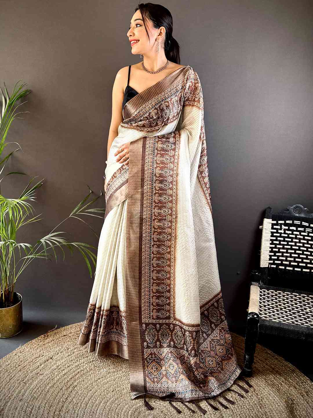Brown Soft Silk Floral Digital Saree by My Store