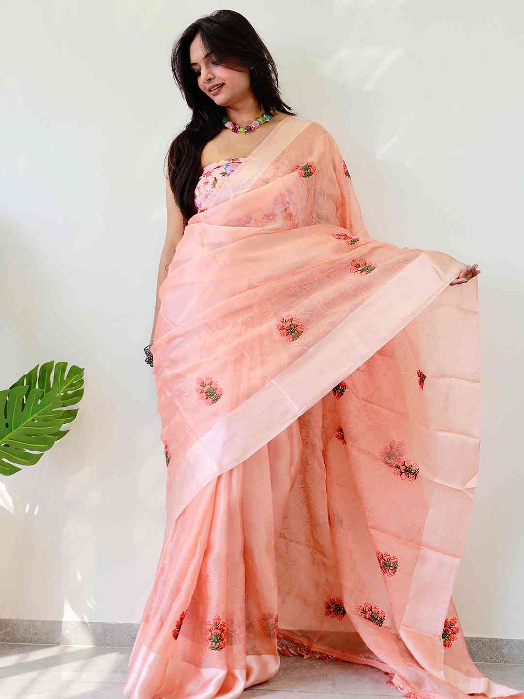 Soft Chiffon Satin Saree With Flower Embroidered Work by My Store