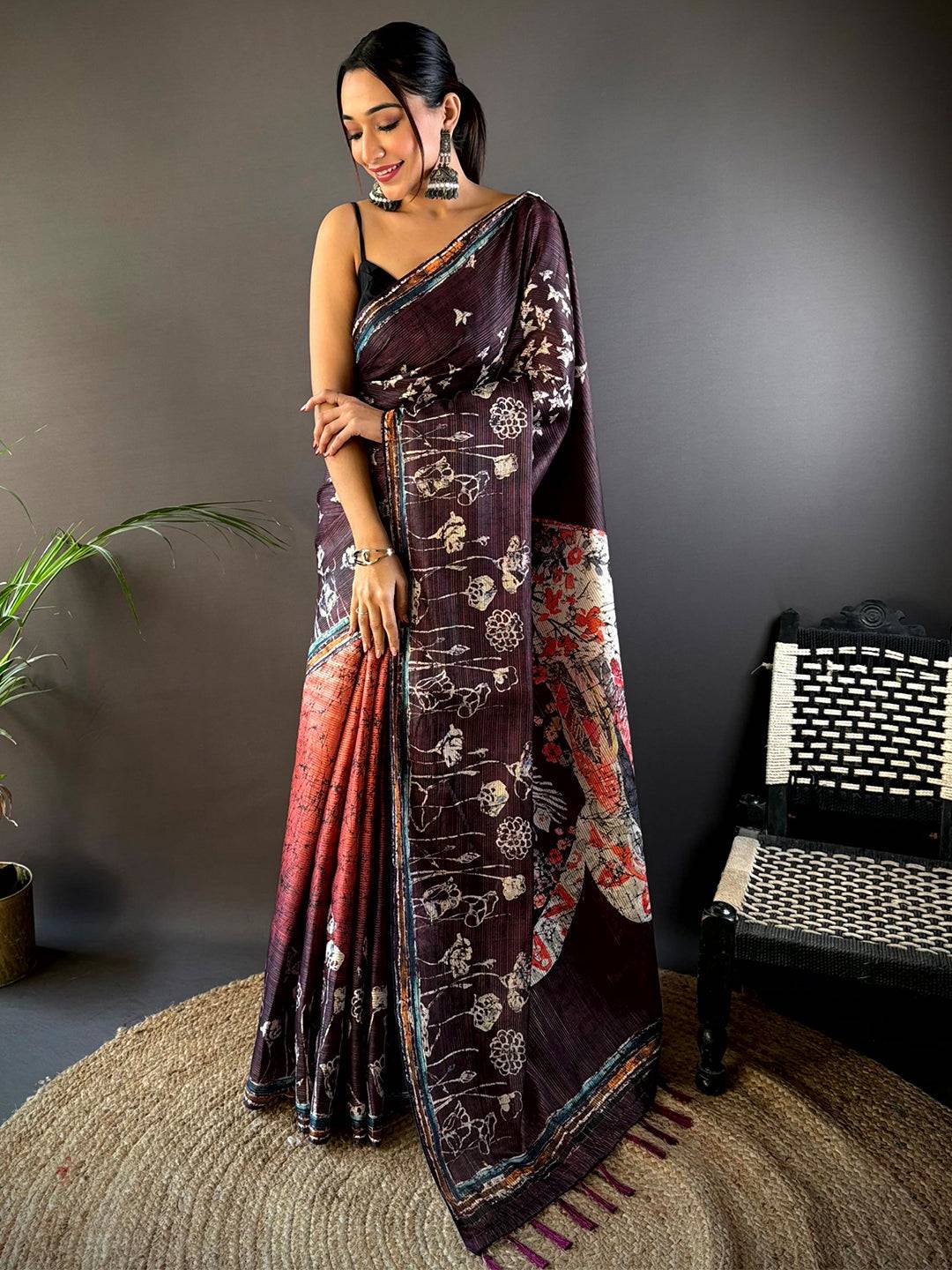 Purple Monochromatic Botanical Print Saree by My Store