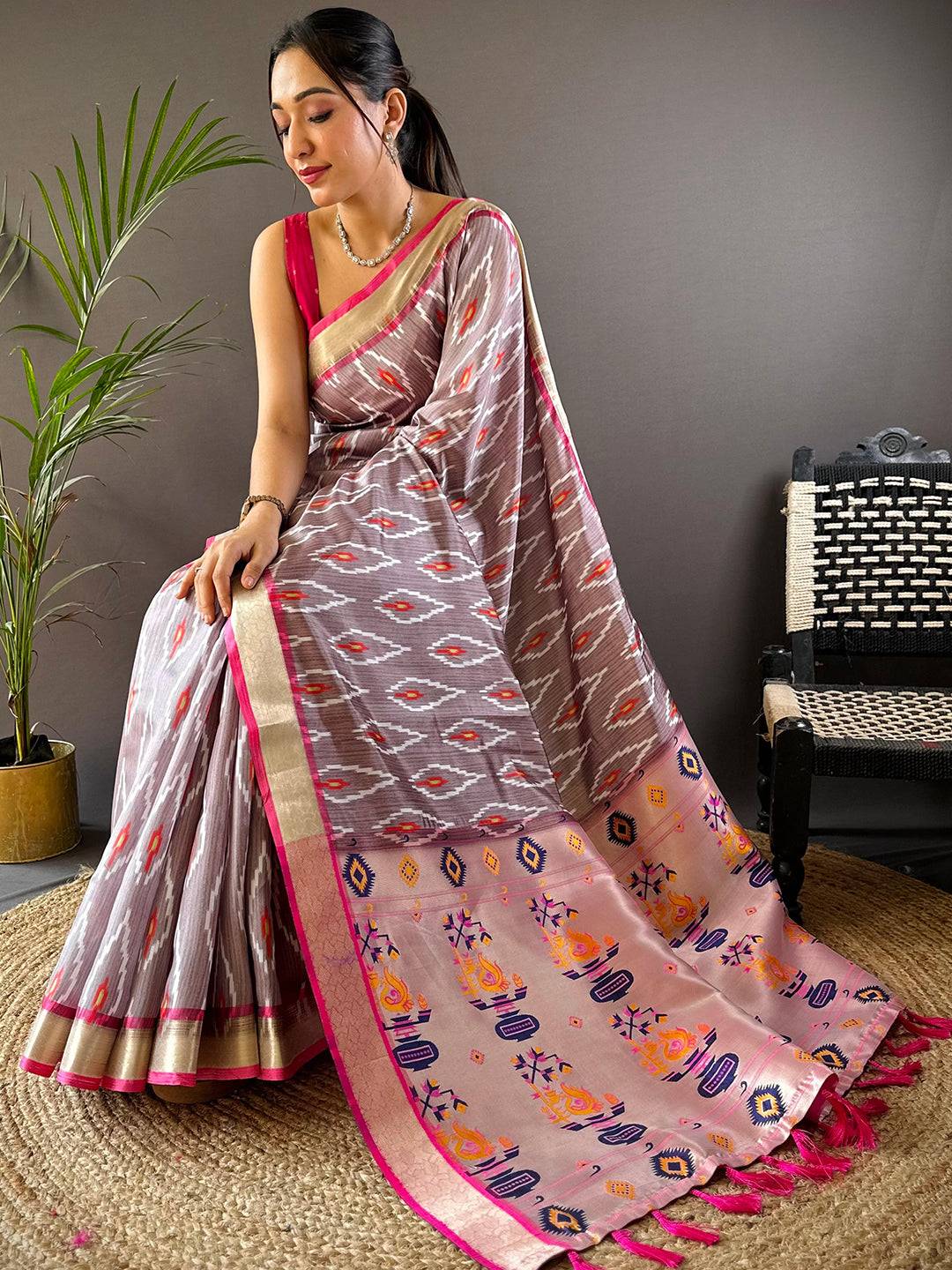 Light Mauve Ikkat Paithani Soft Silk Saree by My Store