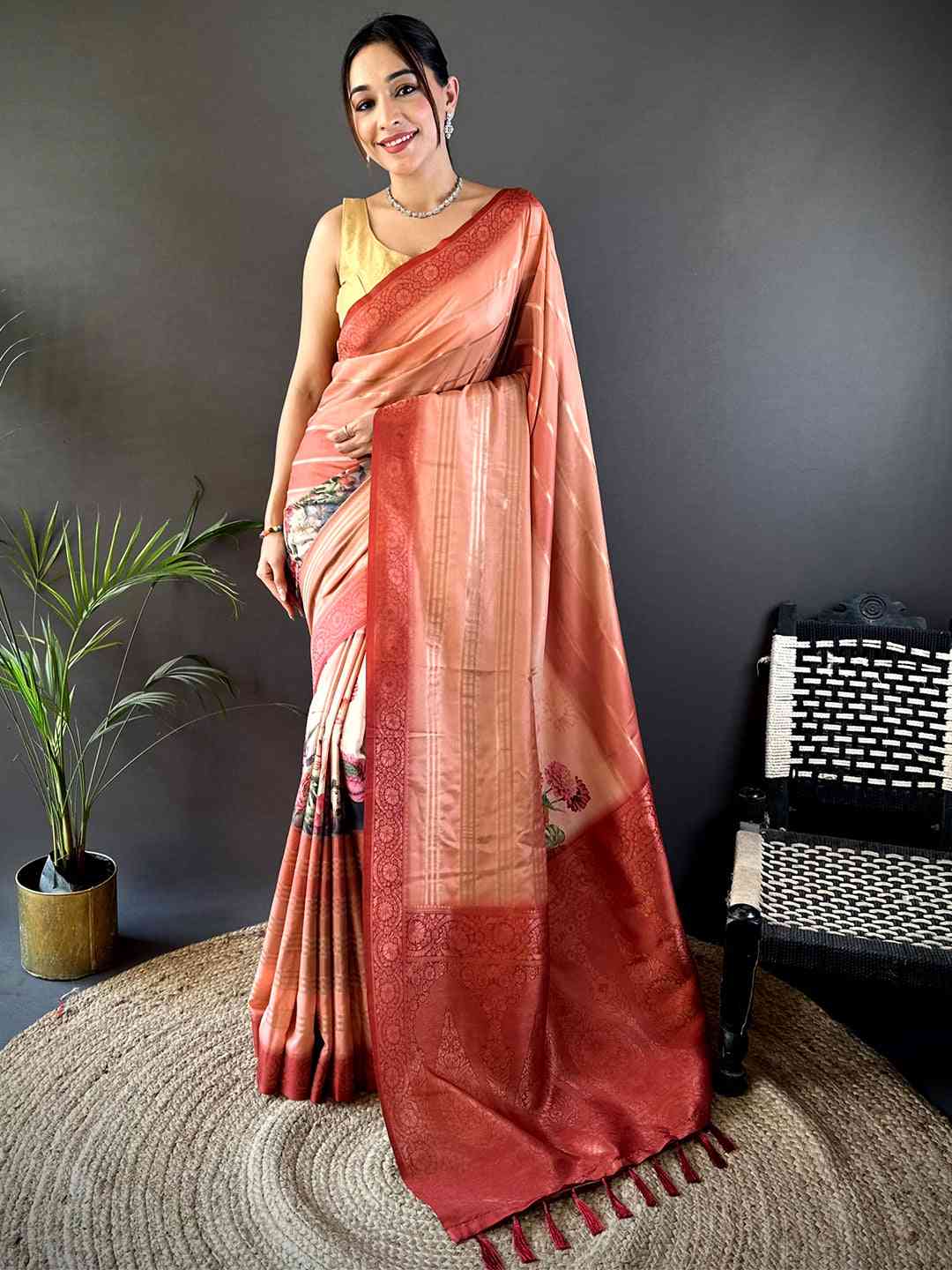 Peach Kalamkari Ombre Crepe Silk Saree by My Store
