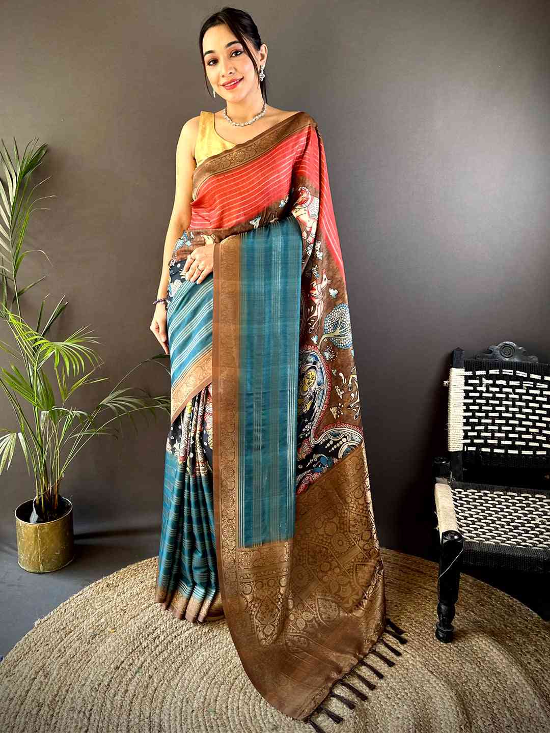 Red Soft Crep Silk Ombre Print Saree by My Store