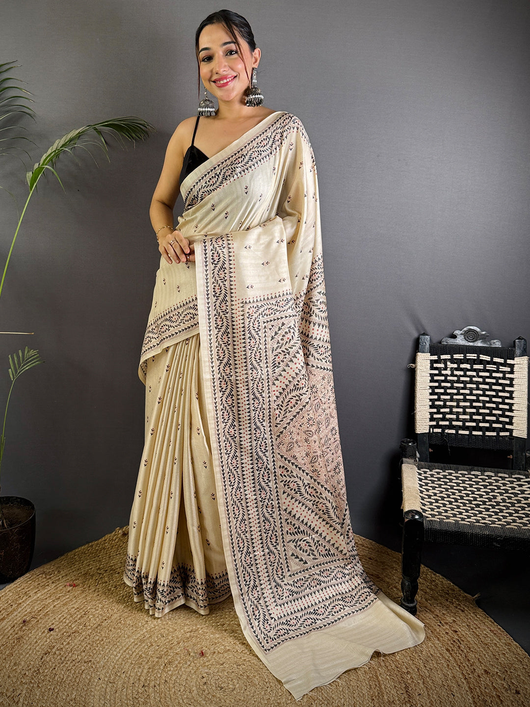 Cream Tussar Silk Madhubani Print Saree by My Store
