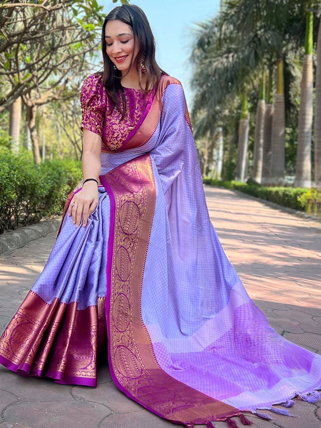 Lavender Aura Soft Silk Saree With Kanjivaram Weaving Broced Zari Blouse by My Store
