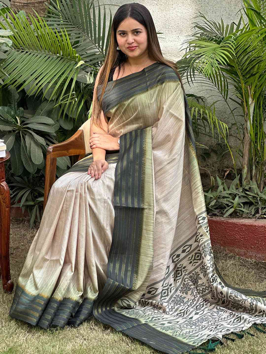 Ikkat Motifs and Paisley Prints on Ghicha Saree by My Store