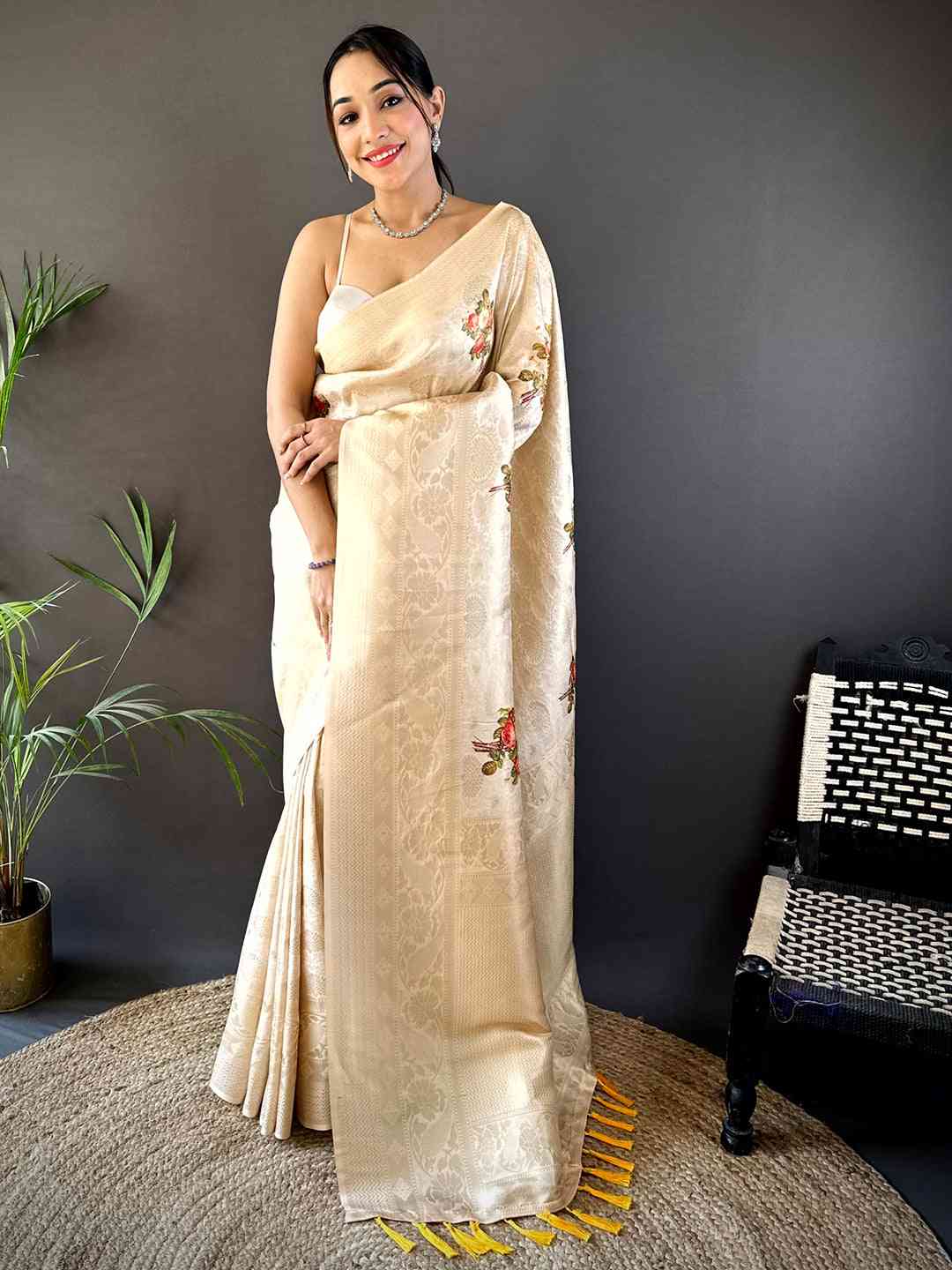 Cream Kanjivaram Digital Silk Saree by My Store