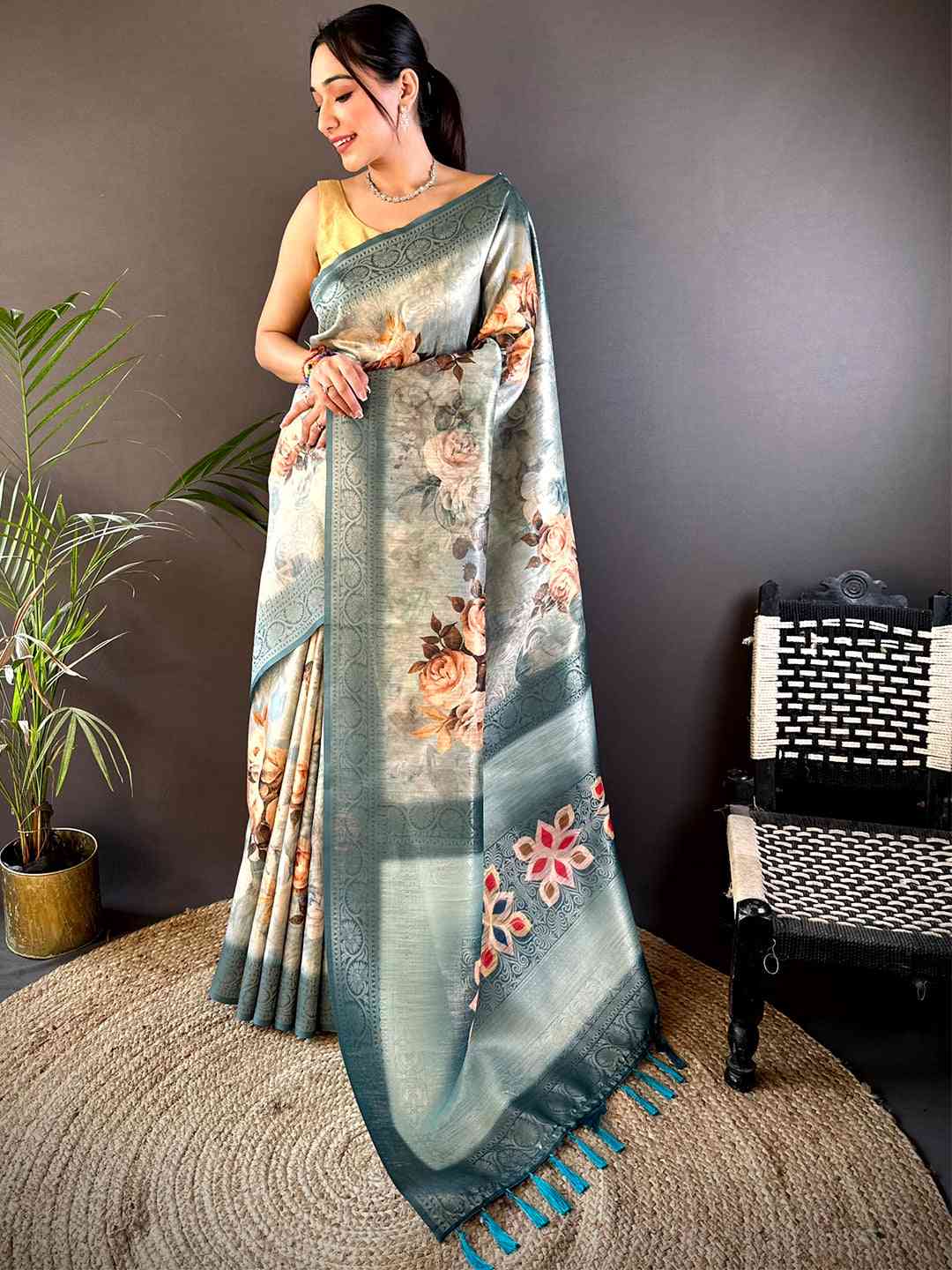 Blue Slub Ghicha Zari Pallu Saree
