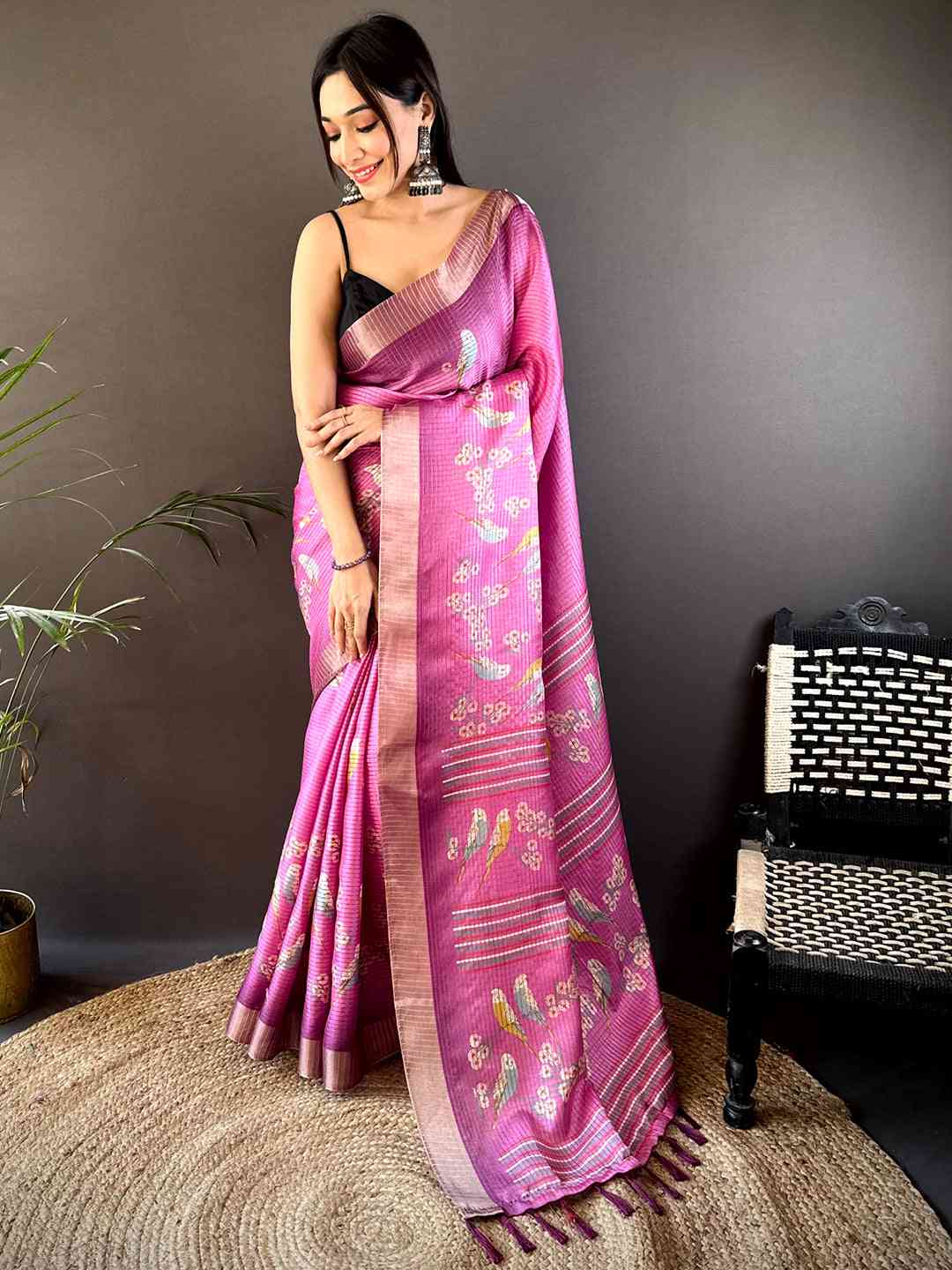 Pink Chanderi Check Sparrow Print Saree by My Store