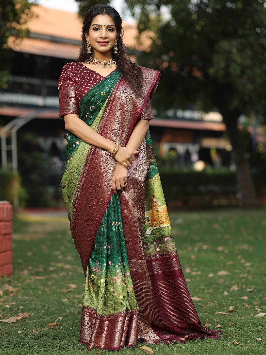 Bottle Green Colour Pure Viscose Dola Silk Saree With Mughal Motifs - Luxe by My Store