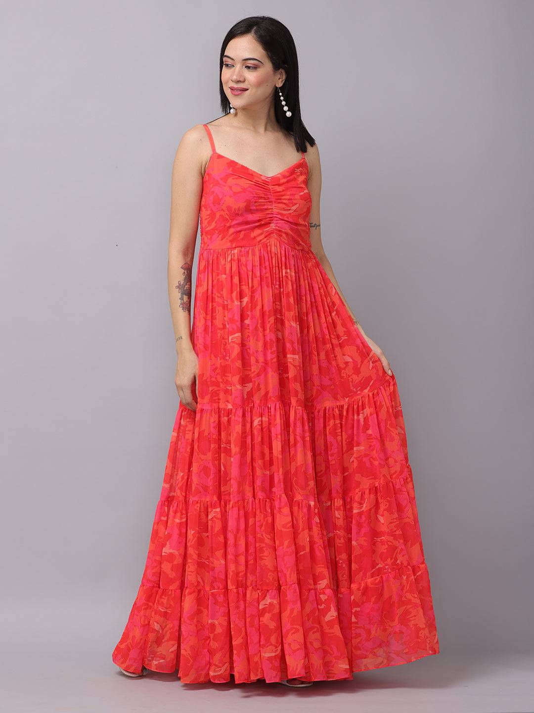 Radiant Red Floral Ruched Maxi by My Store