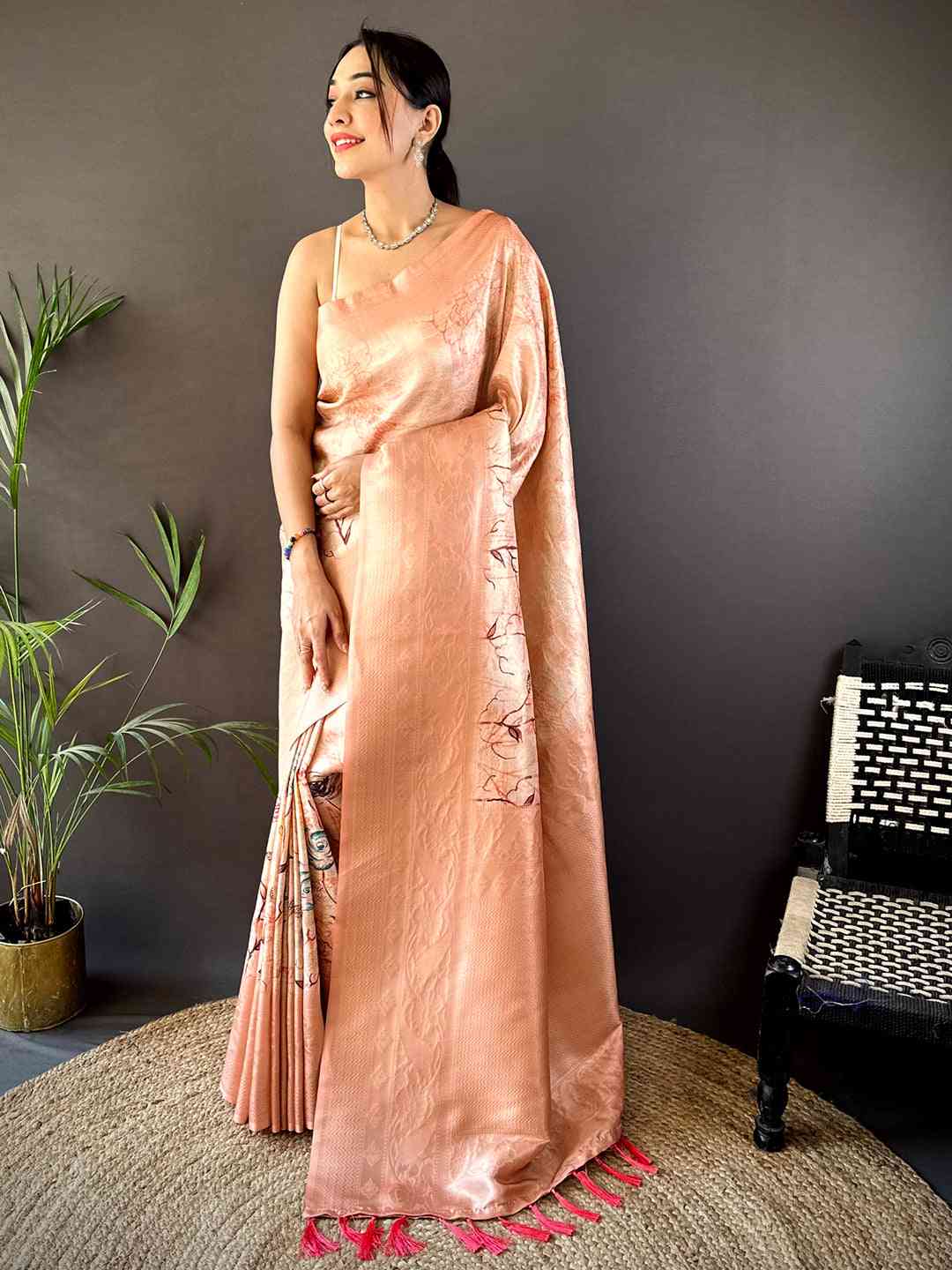 Salmon Pink Kanjivaram Digital Silk Saree by My Store