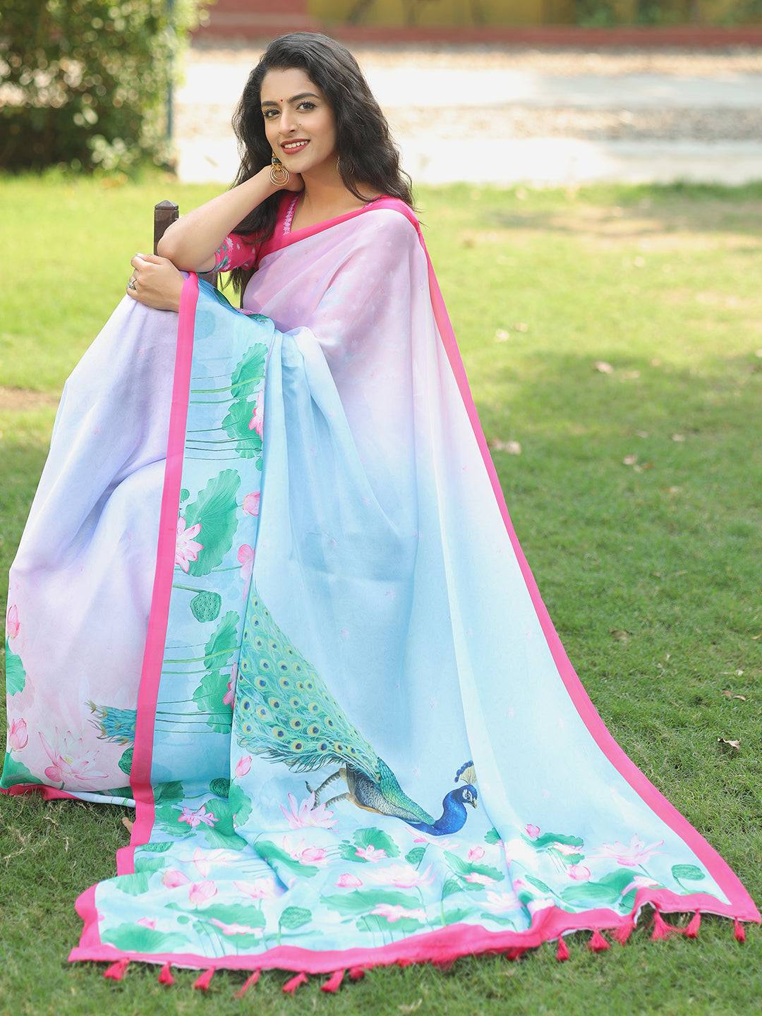 Satin Georgette Light Pink Colour Hand Print Saree - Luxe by My Store