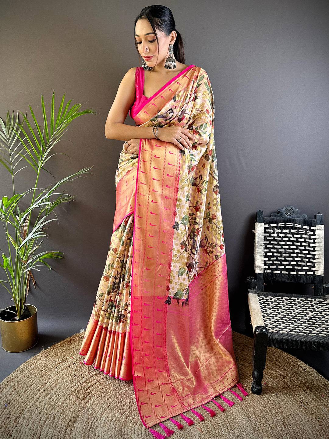 Pastel Cream Paithani Kora Silk Saree by My Store