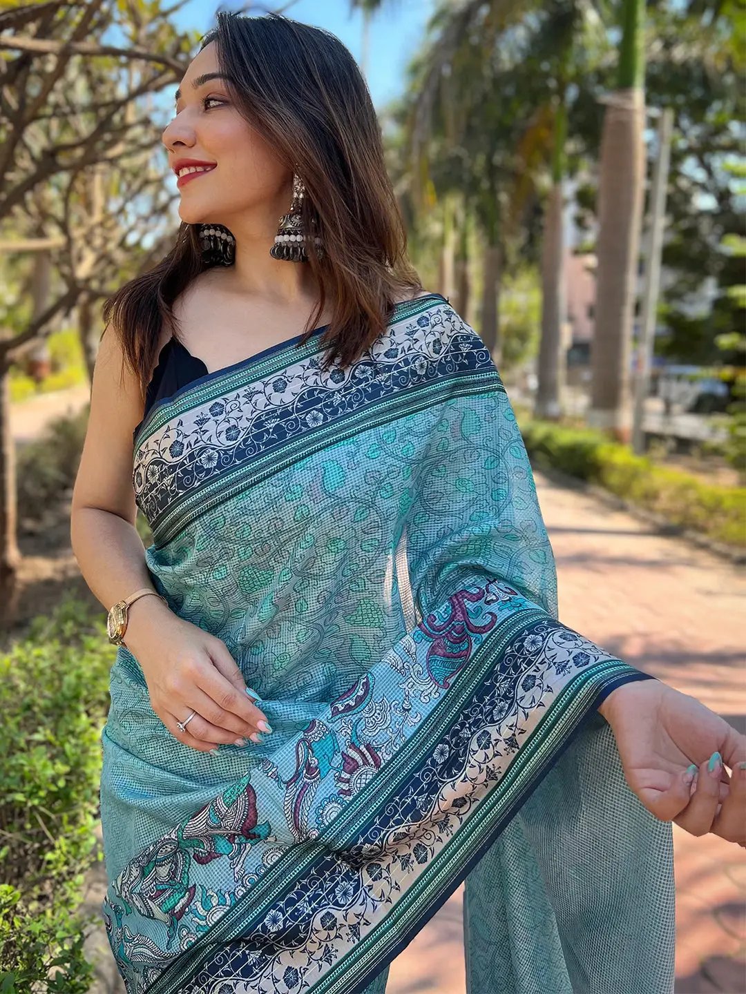 Satin Kota Doria Saree With Kalamkari Digital Print In Turquoise Colour by My Store
