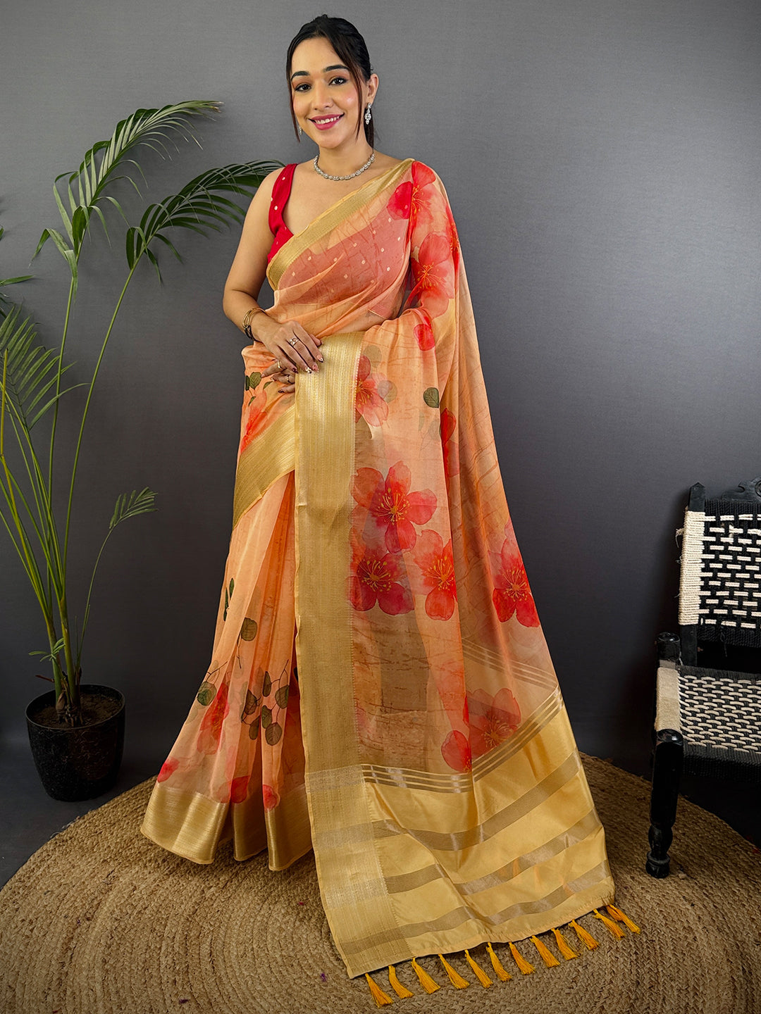 Peach Soft Organza Digital Print Saree by My Store