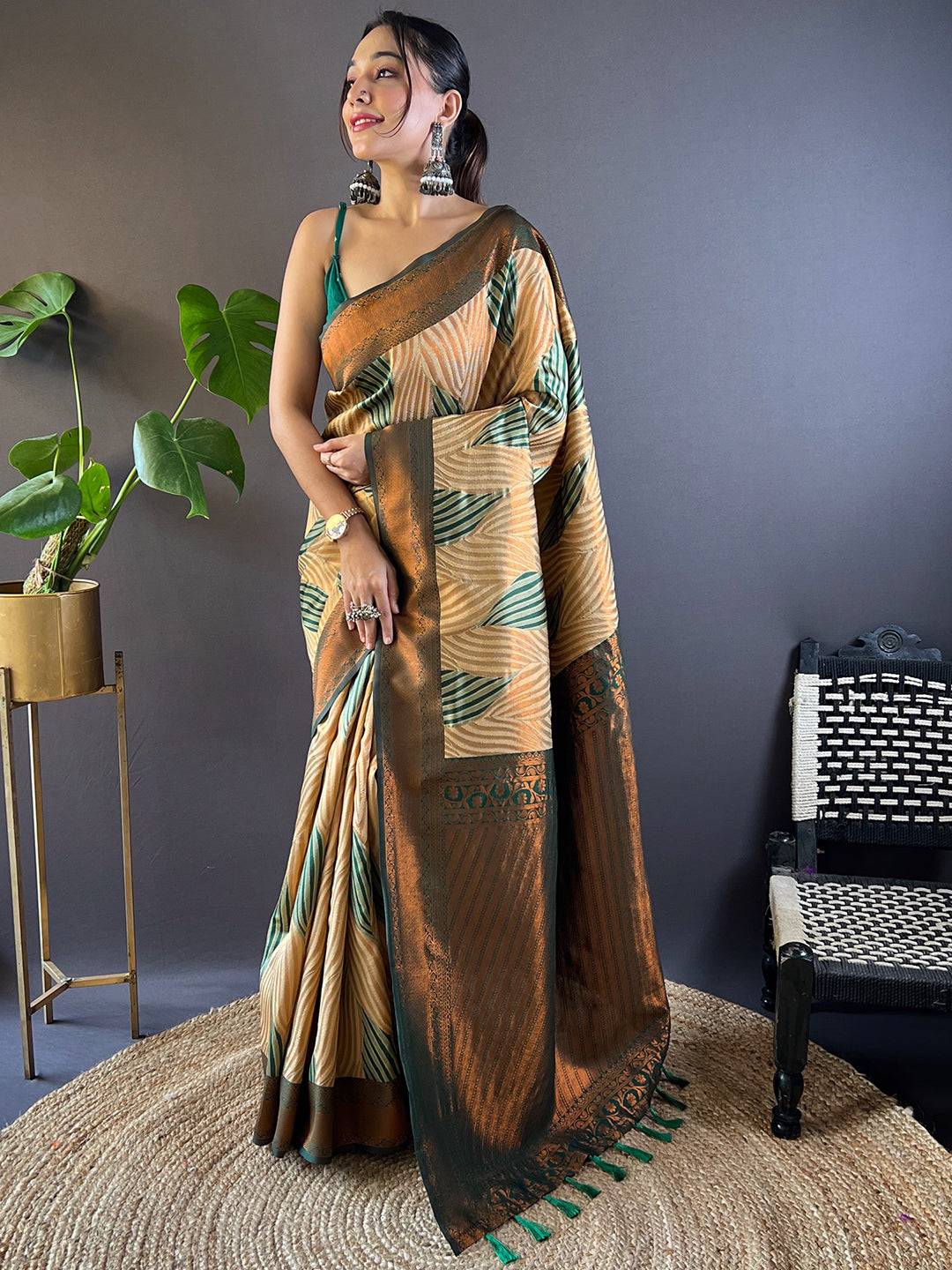 Brown Tussar Silk Zari Weaving Ikkat Saree by My Store