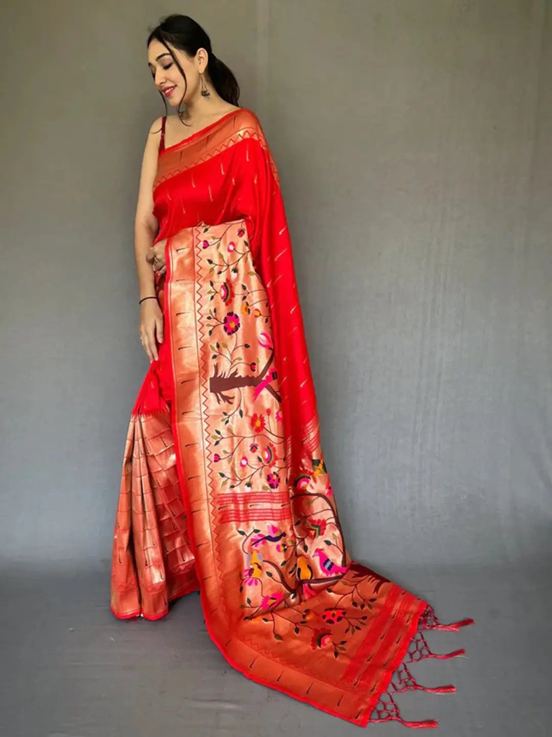 Royal Red Paithani Big Border Zari Woven Saree by My Store