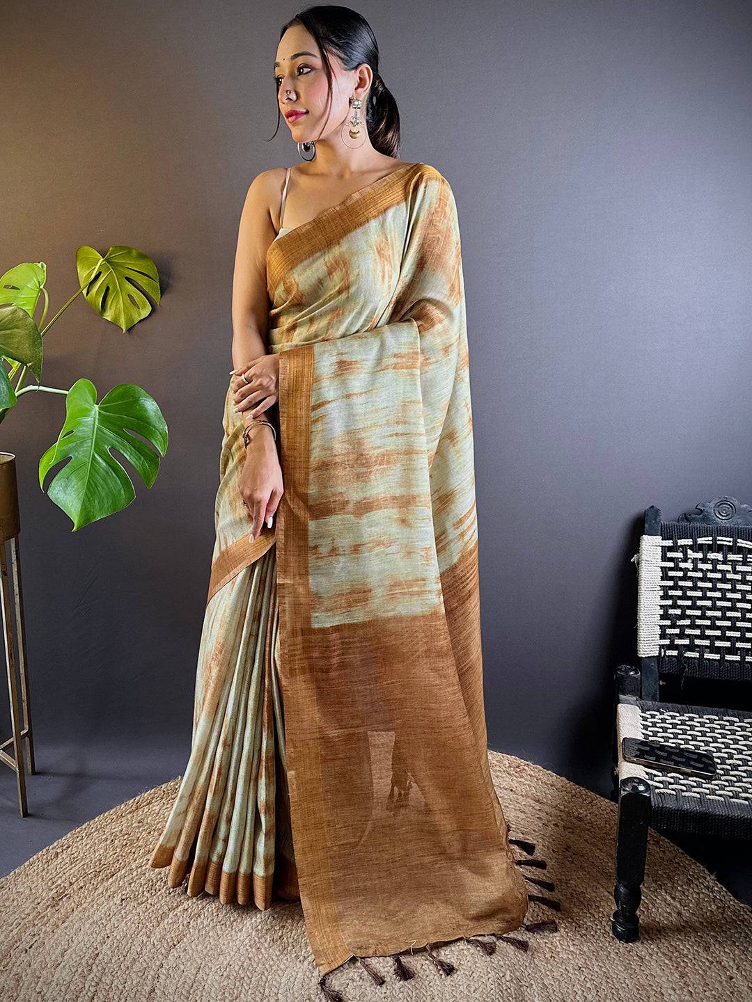Dusty Green Shibori Print Linen Saree by My Store