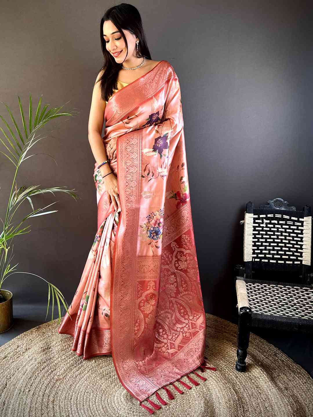 Coral Bamboo Silk Floral Saree by My Store