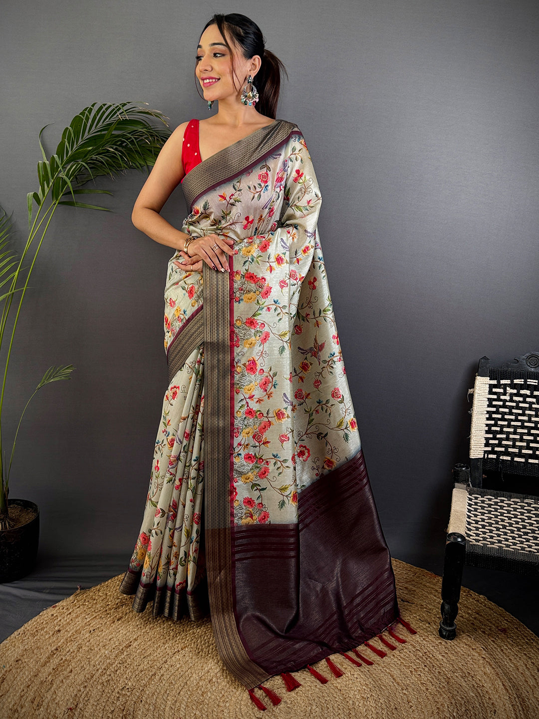 Grey Tussar Silk Digital Print Saree by My Store