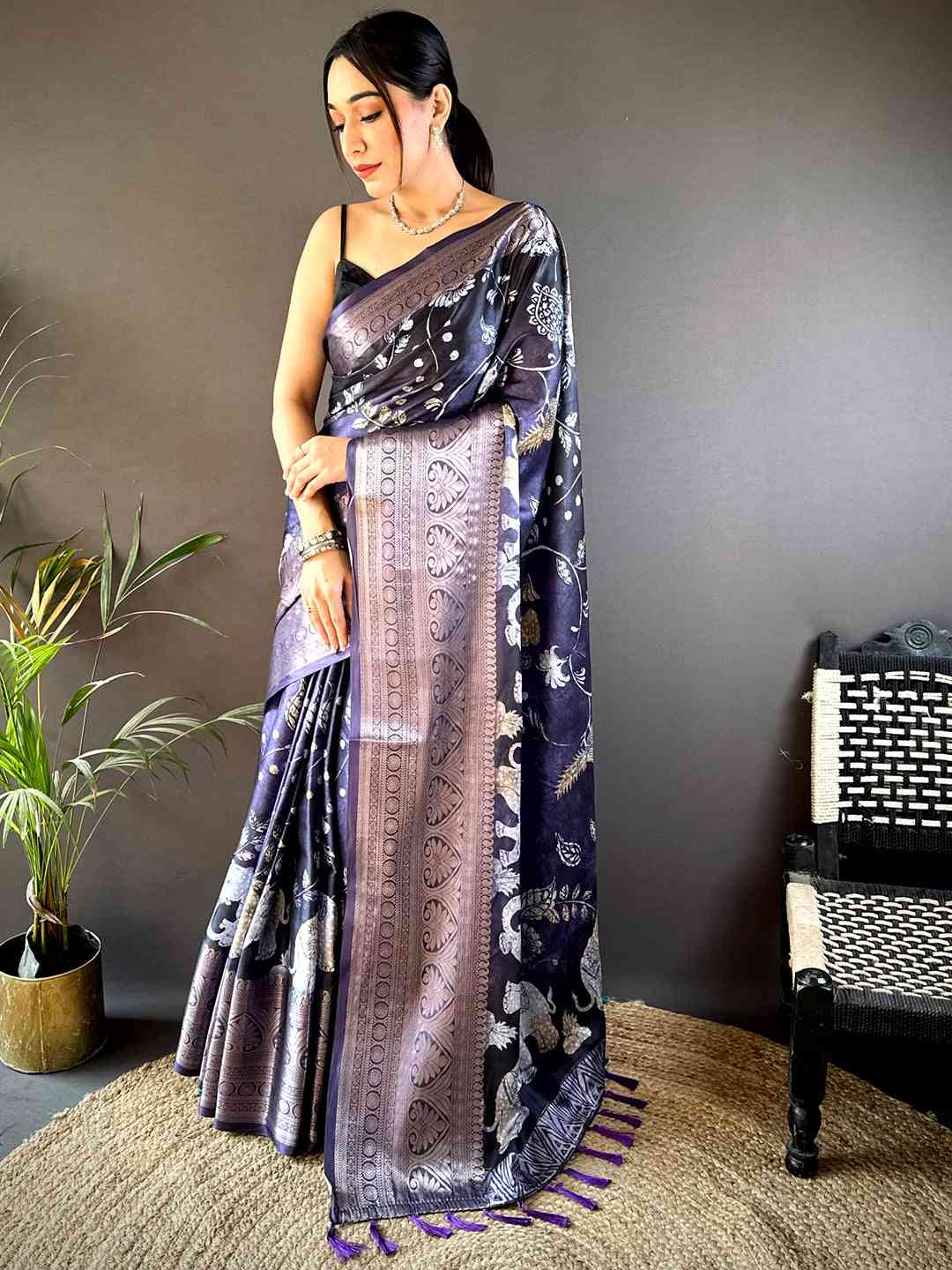 Purple Soft Silk Animal Bandhej Saree by My Store