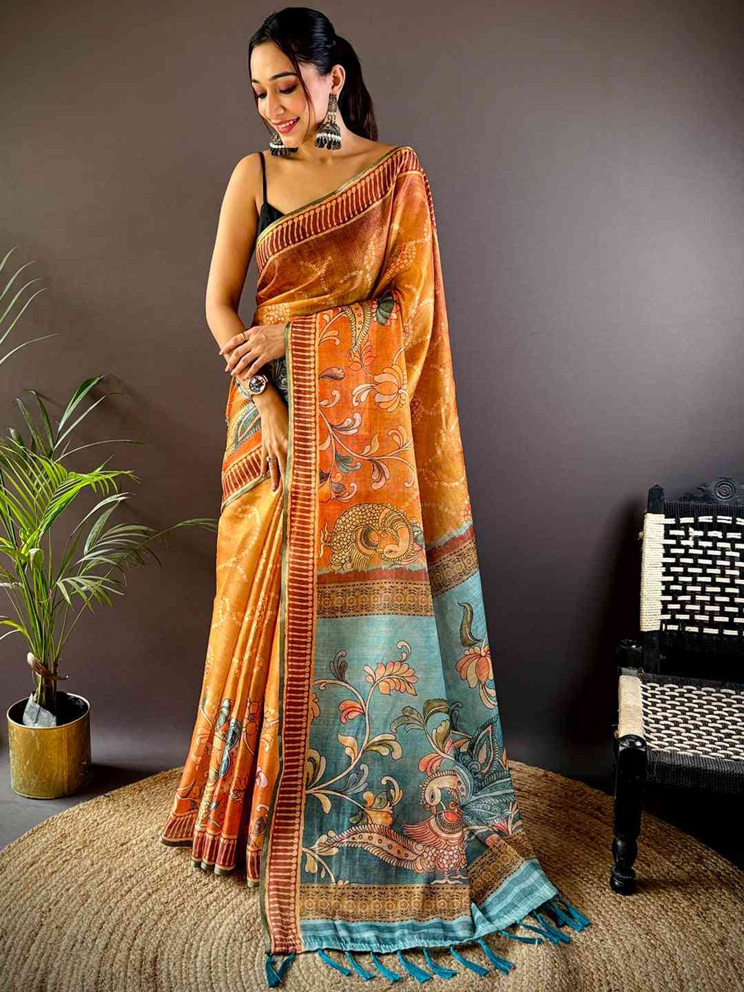 Orange Floral Chanderi Saree by My Store