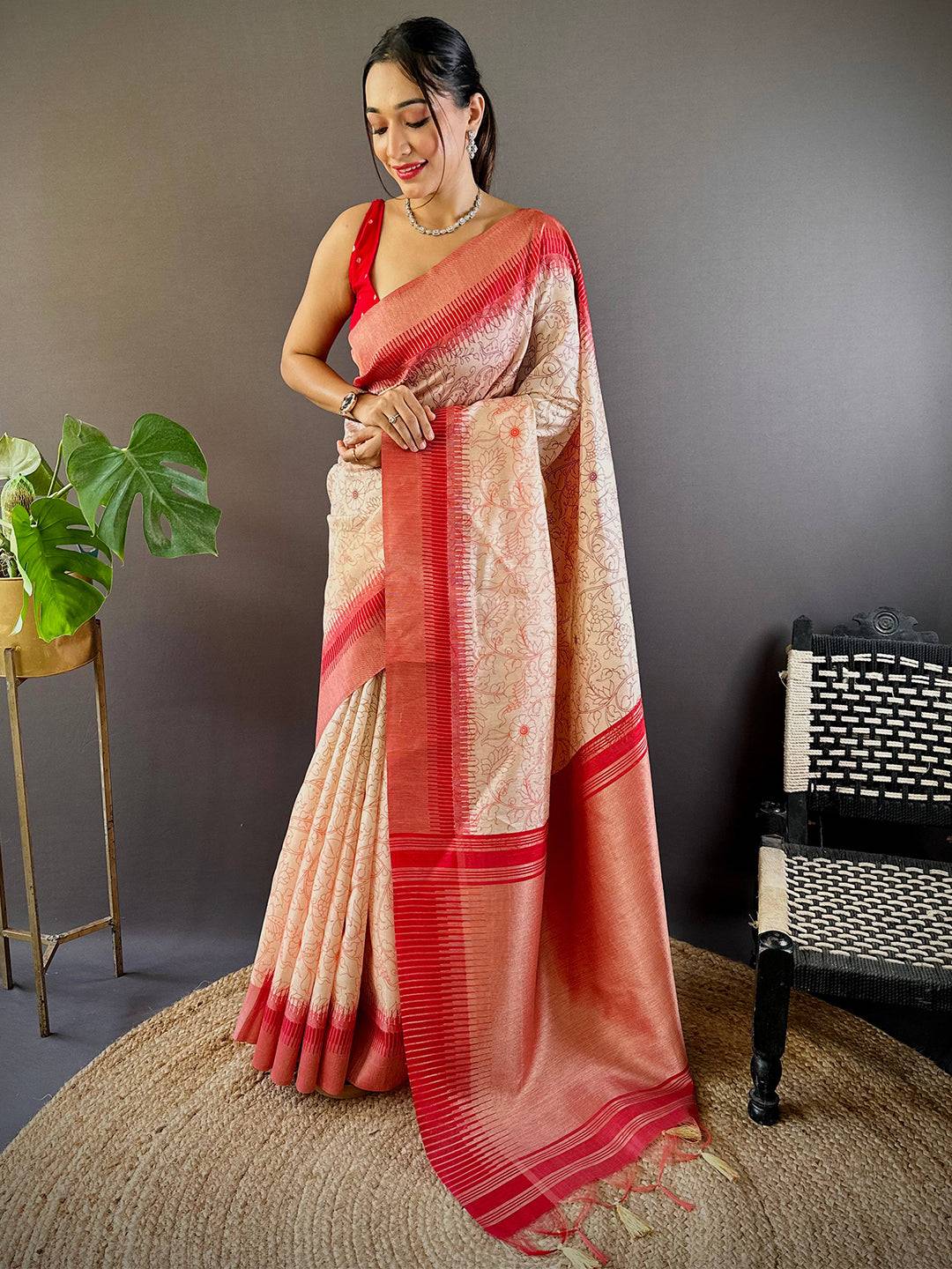Rust Floral Tussar Silk Saree by My Store