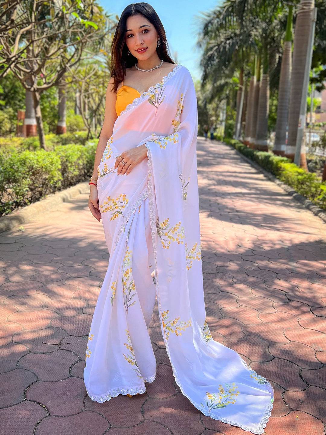 White Pure Satin Georgette with Zircon Swarovski Border Saree