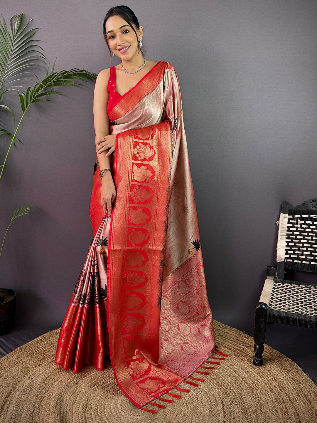 Elegance Soft Cherry Satin Kalamkari Print Saree by My Store