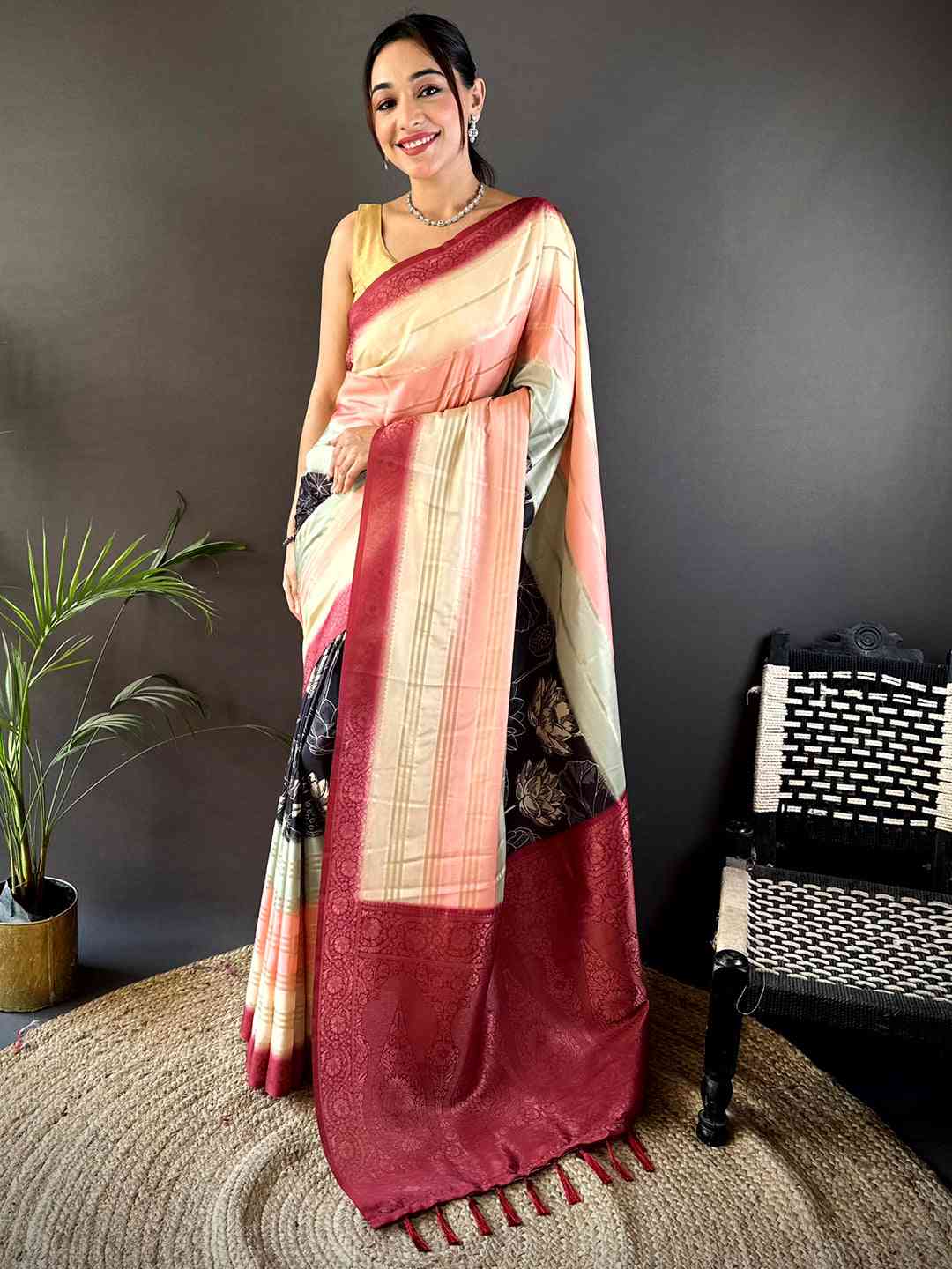 Cream Kalamkari Ombre Crepe Silk Saree by My Store
