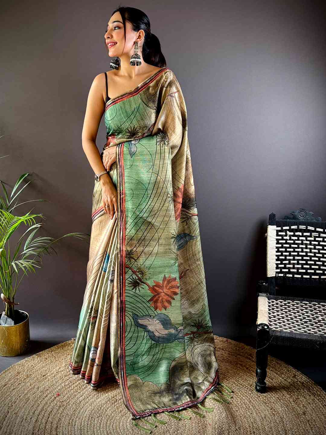 Green Tissue Chanderi Floral Abstract Saree by My Store