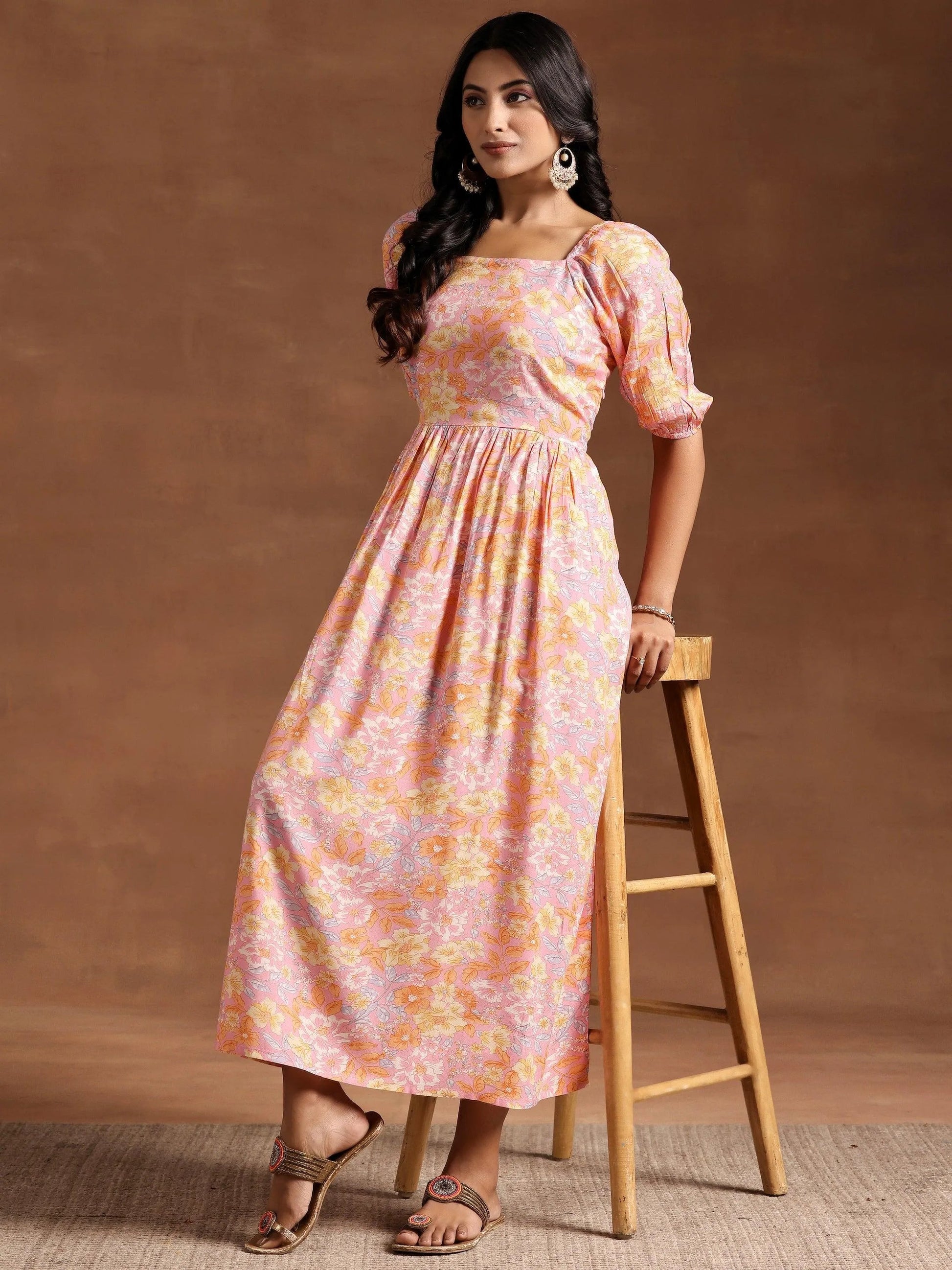Peach Printed Rayon Fit and Flare Dress by My Store