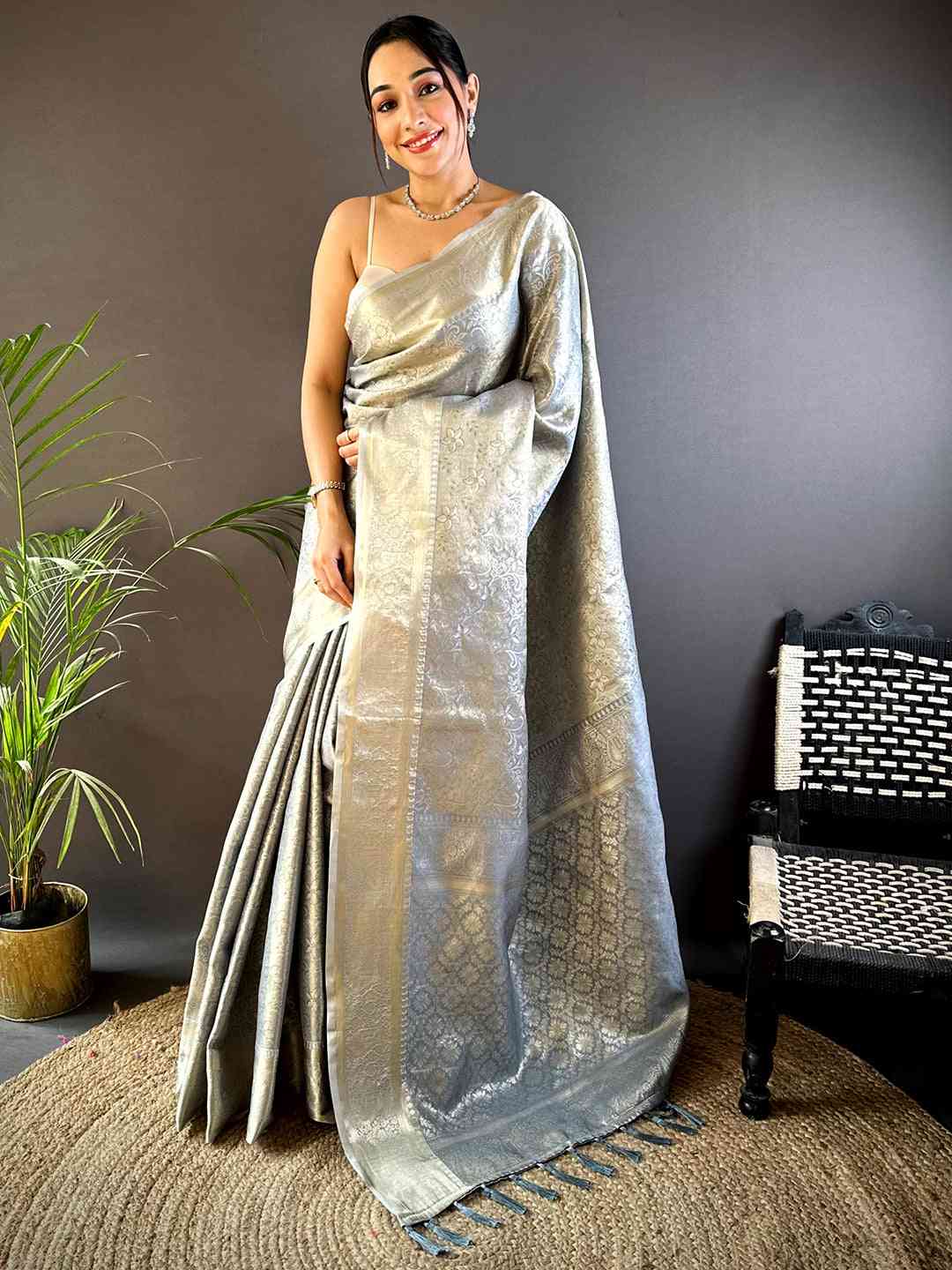 Grey Soft Kanjivaram Silk Saree by My Store