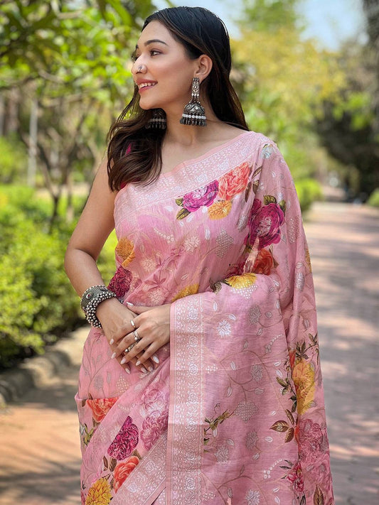 Light Pink Lakhnavi Bandla Zari Weaving Saree by My Store
