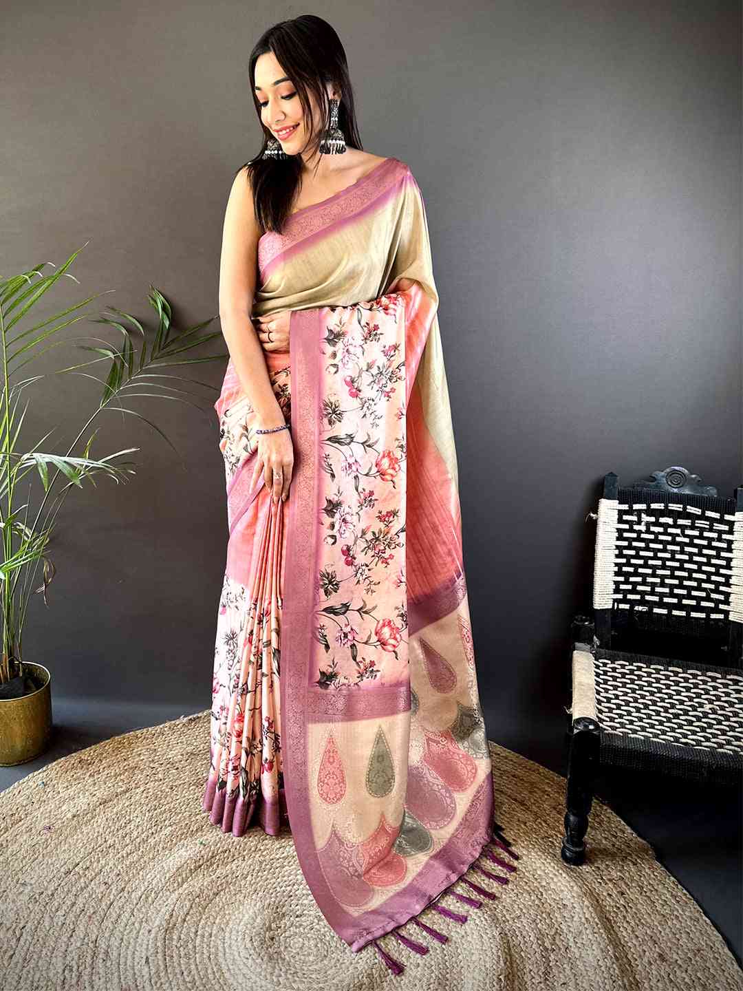Beige Soft Silk Placement Digital Print Saree