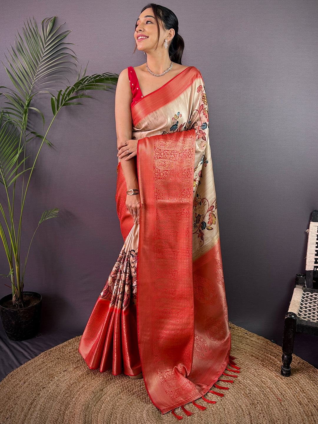 Beige Cherry Satin Kalamkari Saree