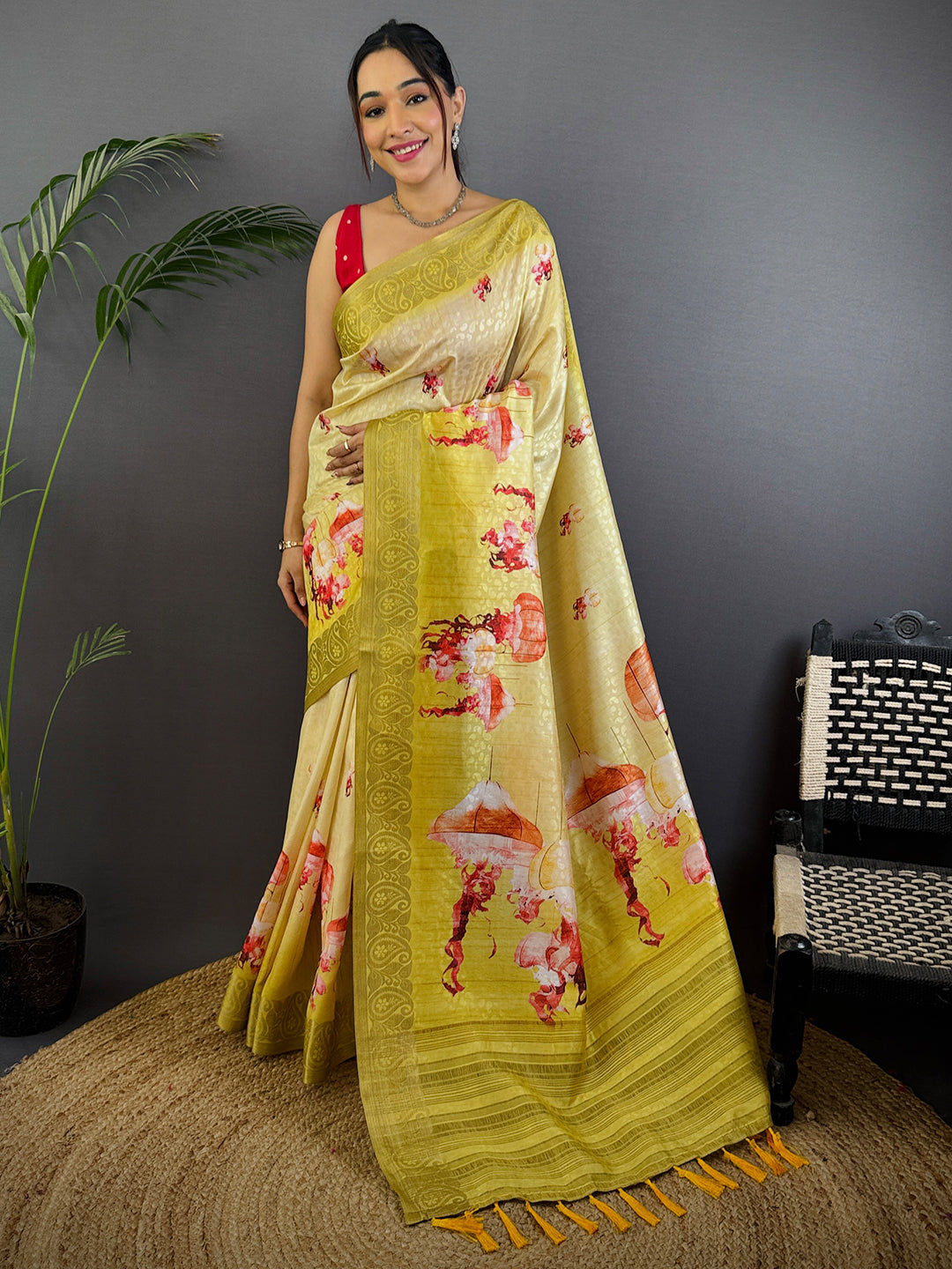 Mustard Yellow Digital Print Soft Dola Silk Saree by My Store