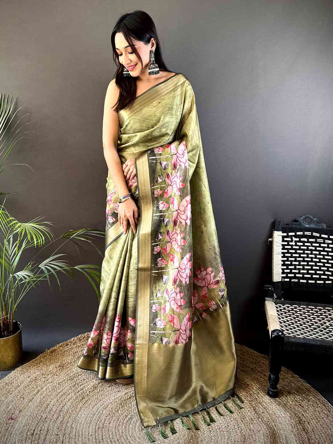 Olive Floral Grace Soft Silk Tissue Saree by My Store